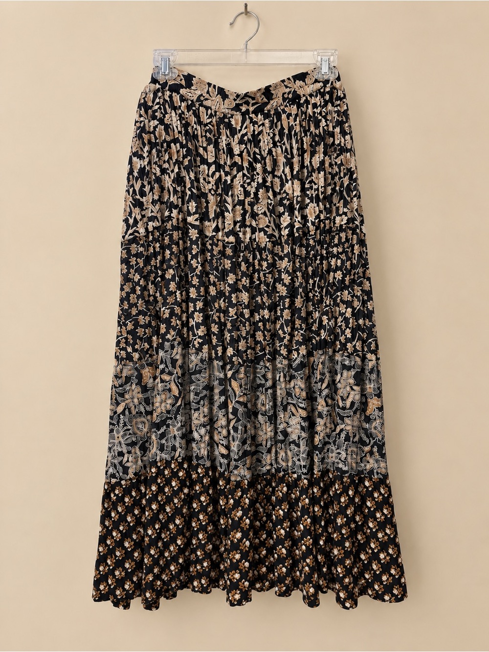 White Stag Black and Tan Tiered Floral Maxi Skirt